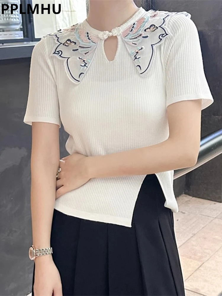 Design Vintage Summer Split Knit Tshirts New Chinese Style Butterfly Embroidered Collar Camisetas Tops Women Knitwear Jumper Tee