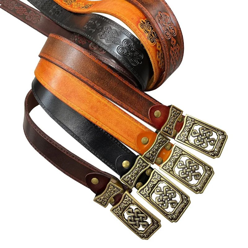 Ethnic style men's embossed pure cowhide belt personalized carved retro leather unisex waist  casual belt