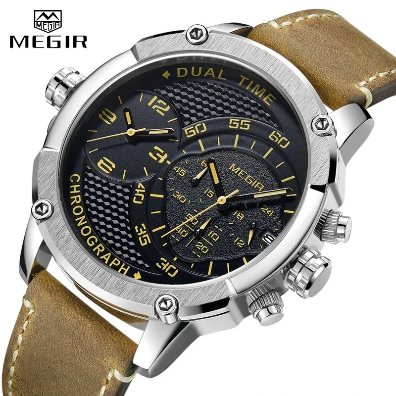 Mens นาฬิกา MEGIR Luxury Big Dial ทหารกีฬานาฬิกาข้อมือควอตซ์ผู้ชายหนัง Casual นาฬิกากันน้ําชาย Relogio Masculino