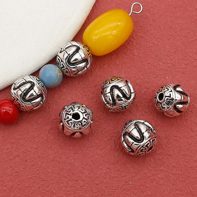 10pcs/Lot Tibetan Silver Fret Pattern Round Loose Beads 9mm Solid Ball Spacer Handmade Bracelets Necklace Charms DIY Jewelrys