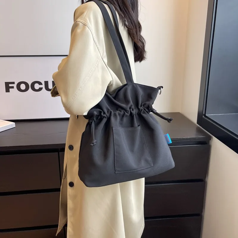 Canvas Shoulder Bag Solid Color Drawstring Large Capacity Tote Bags for Women Casual Shopping Travel Commuter Connector Handbag