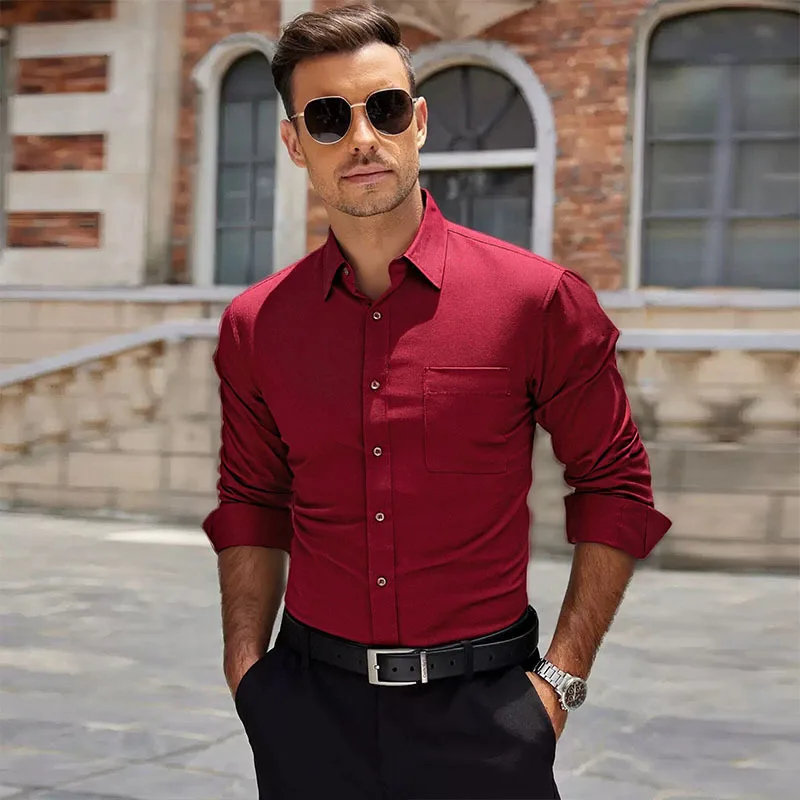 

Всесезонные мужские рубашки с отложным воротником в деловом стиле, официальная рубашка с длинным рукавом, свадебные эластичные рубашки без железа для мужчин