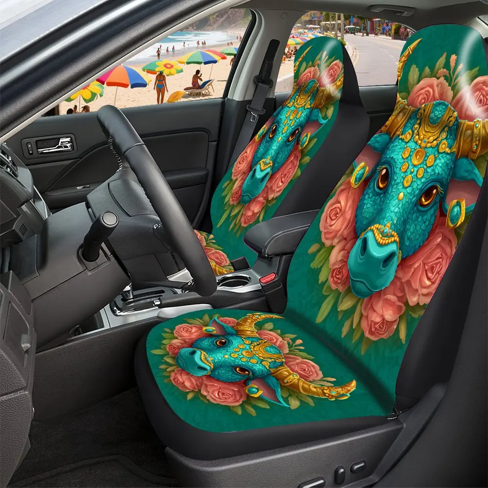 Complete Set Of Floral Design Car Seat Covers Featuring Bull Head And Rose Decorations, Made From High-Quality Polyester. This 5