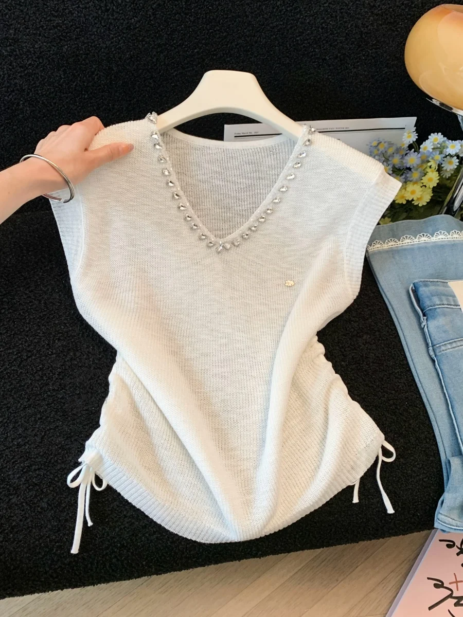 

Elegant Lace Splice V-Neck Knitted Top Women's Summer Fashionable Self-Keeping Style Korean Version Straight Cut Silk Blend