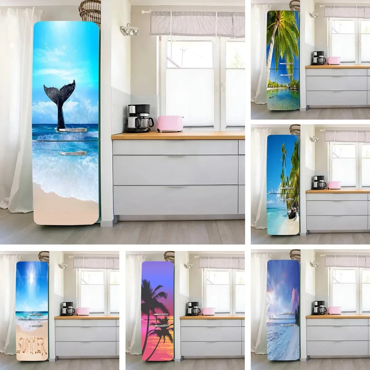 

Summer Beach Ocean Whale Tail Palm Tree Fridge Door Sticker Waterproof Refrigerator Mural Wrap for Kitchen Home Decor