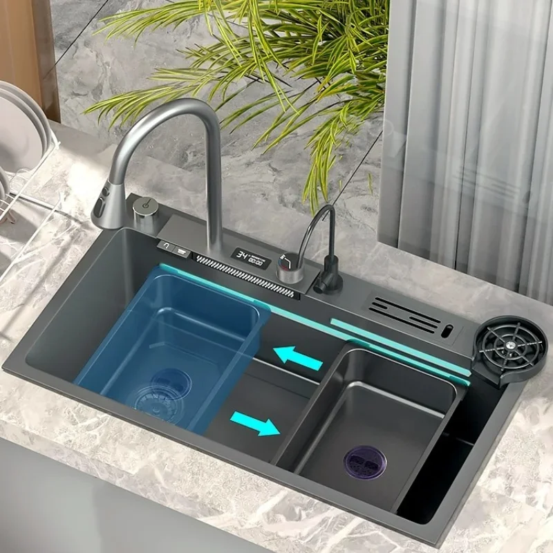 

304 Stainless Steel Kitchen Waterfall Sink Digital Display Large Single Dish Basin with Multifunction Touch