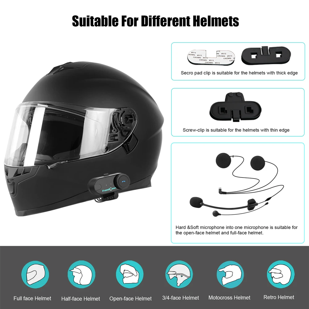 Freedconn Group Motorcycle Intercom Bluetooth Helmet Headset Headphone BT 5.0 FM Music Share Group 6 Rider Distance 800 Meter