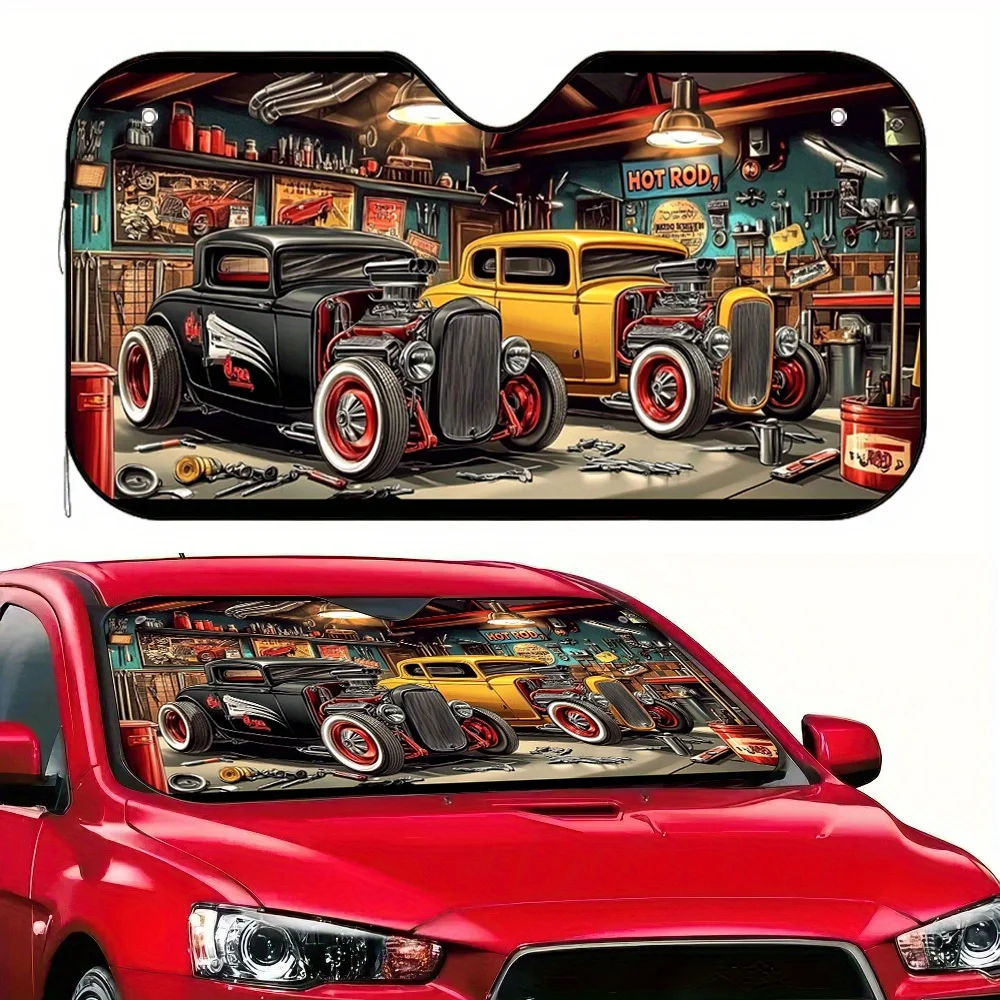 1pc 2D Flat Retro Garage Style Car Sunshade – Chic & Collapsible, Maintains Your Vehicle'S Coolness, Easy Setup With 4 Suction C