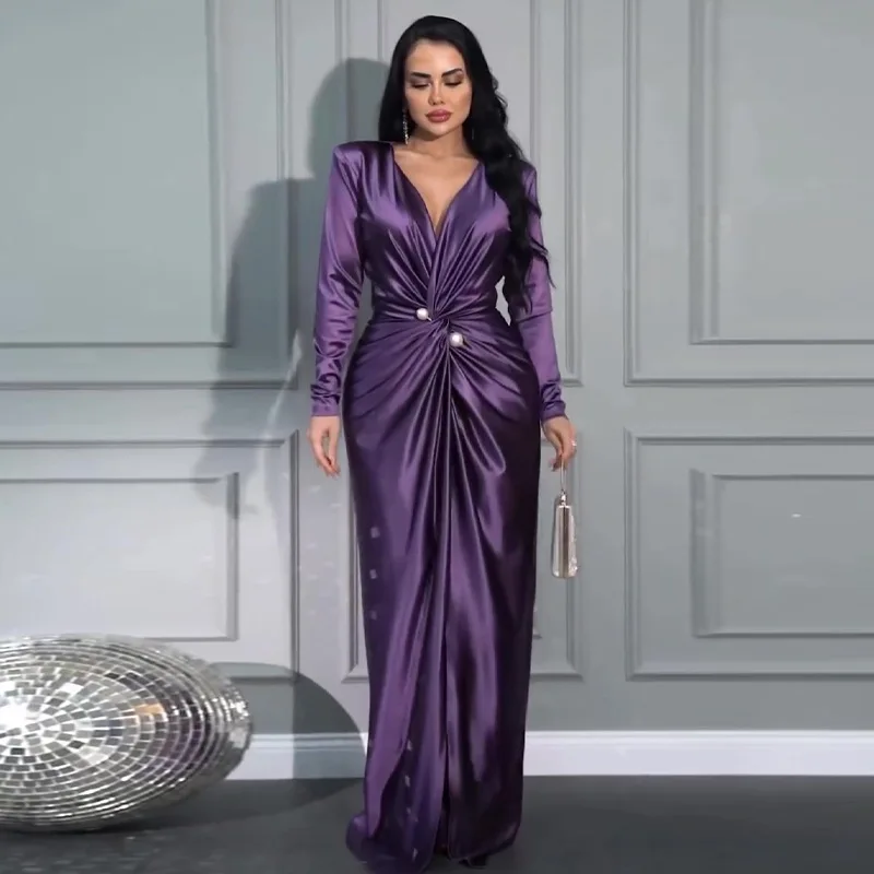 

Folds Vestidos Solid V Neck Dresses Women Pleated Party Dress Long Sleeve Ankle Length High Waist Spliced 2025 Elegant Loose