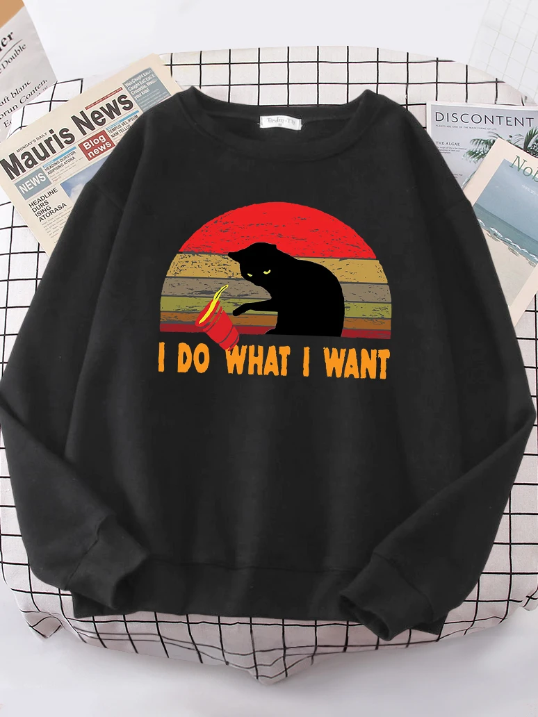 Women Sweatshirt I Do What I Want Cool Black Cat Print Hoodies Woman Oversize Funny Graphic Long Sleeve Round Neck Loose Clothes