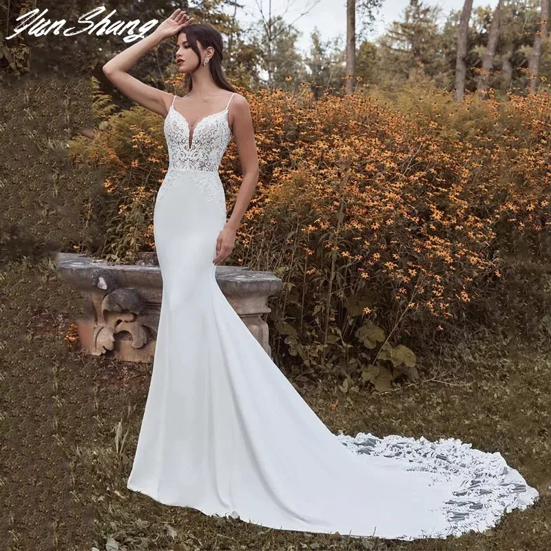 YunShang Lace Mermaid Wedding Dress 2024 Spaghetti Straps V-Neck Sleeveless Elegant Bridal Gown Long Sweep Train Sexy Open Back