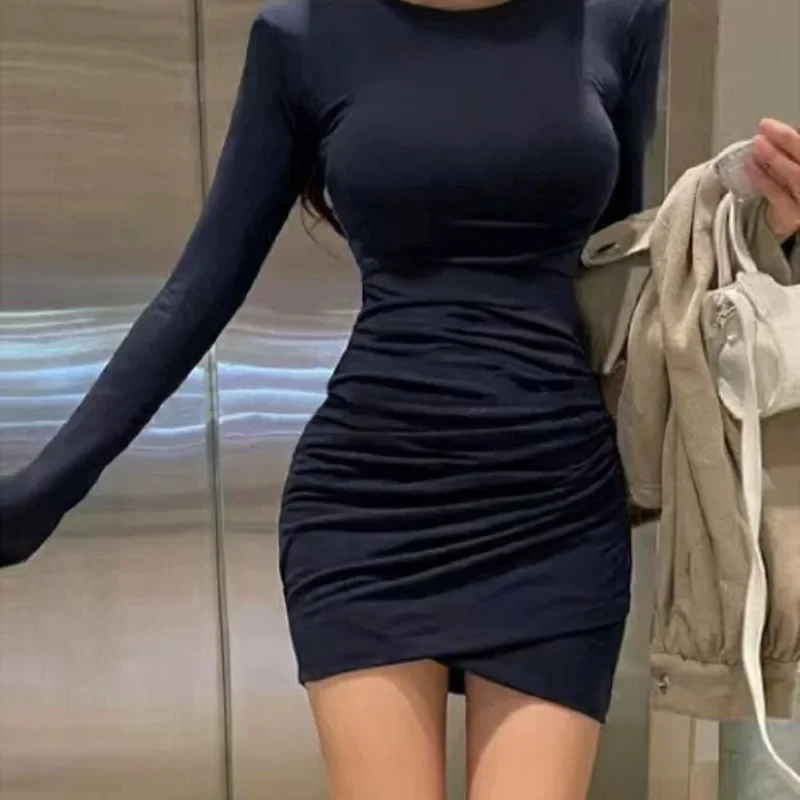 Slimming Long Sleeve Dress Women's Padded Shoulder Waist Cinched Bodycon Korean Style Dongdaemun Fashion Sexy Pleated Skirt