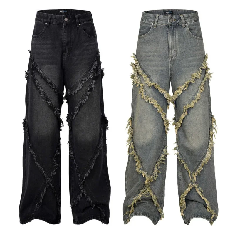 High Street American Washed Distressed Spliced Cat Whisker Jeans for Both Men and Women, Loose Wide Leg Straight Leg Long Pants