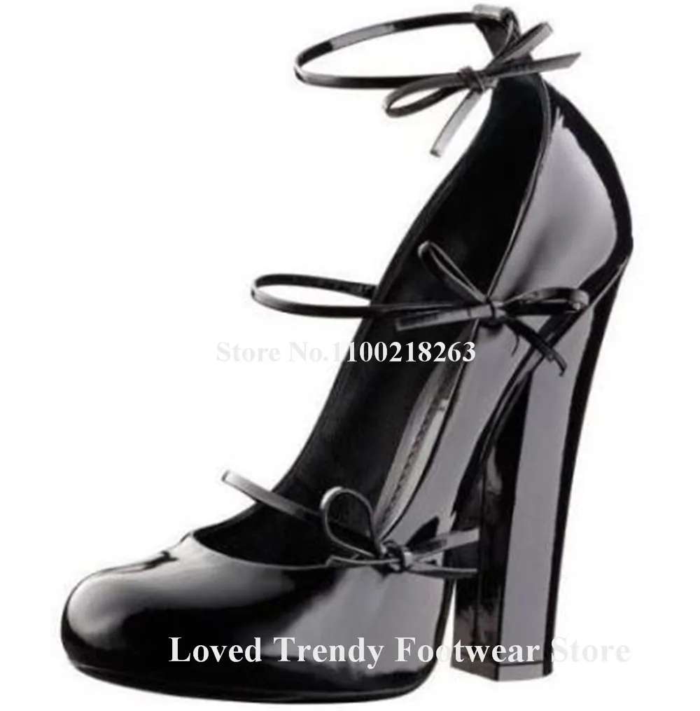 Elegant Straps Bowtie Chunky Heel Pumps Round Toe Black White Patent Leather Patchwork Thick Heel Party Heels Wedding Shoes