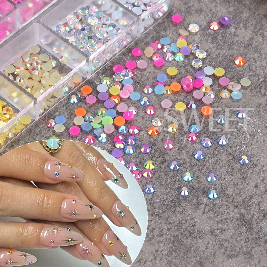 12 Grid Jelly Crystal Rhinestone Nail Decoration 2/3mm Macaron Candy AB Color Flat Back Nail Charm DIY Gem Jewelry Nail Supplies