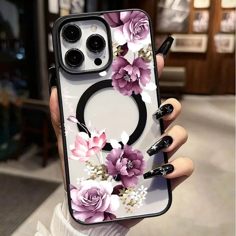 For iPhone 17 16 15 14 12 11 Pro XS Max Air 16e 17e Purple Floral MagSafe Clear Shockproof Magnetic Wireless Charge Phone Case - view 3