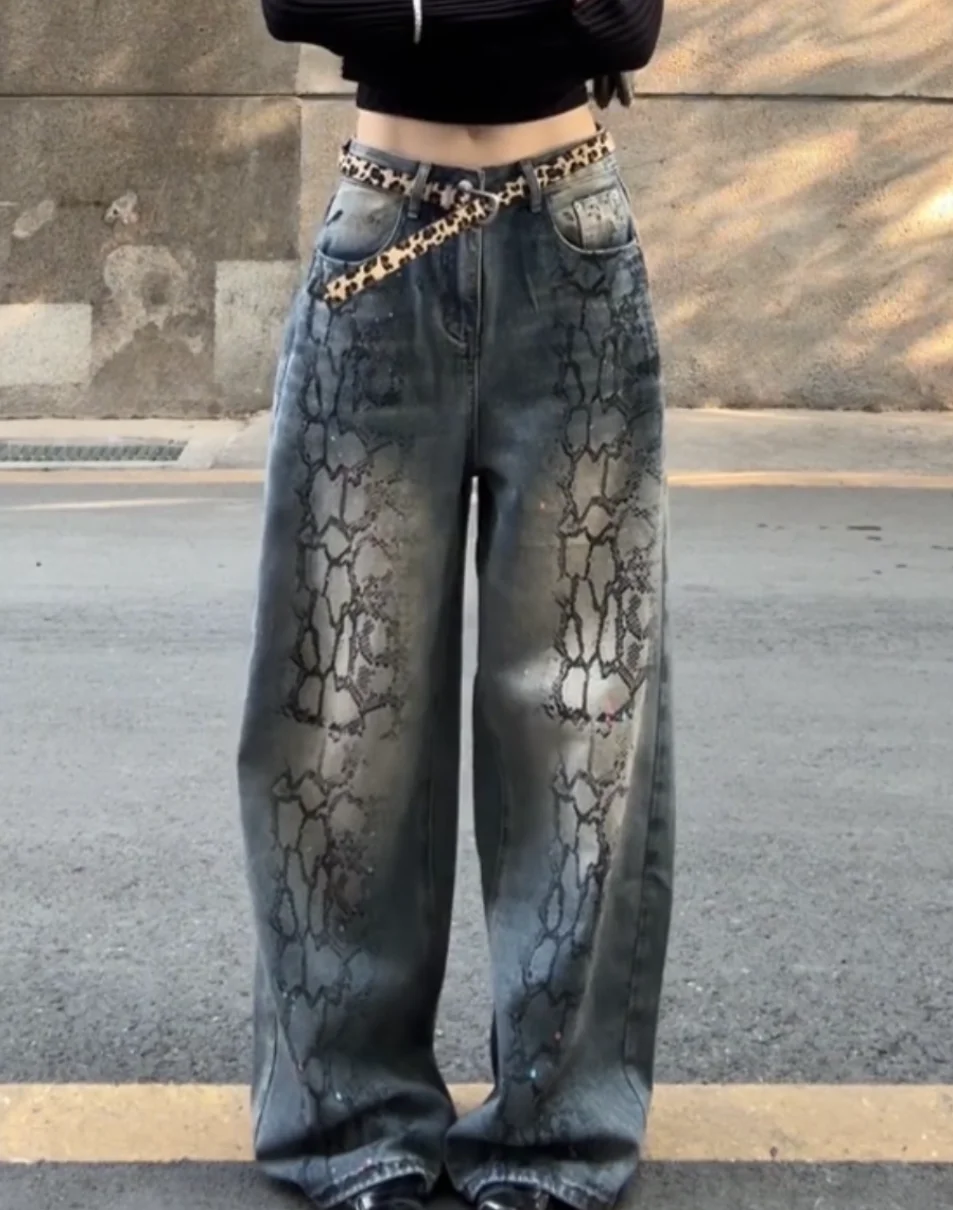 กางเกงยีนส์ปั๊มลาย Y2K สไตล์อเมริกันย้อนยุค ดีไซน์ฤดูใบไม้ผลิ เอวสูงทรงหลวมขาตรง
