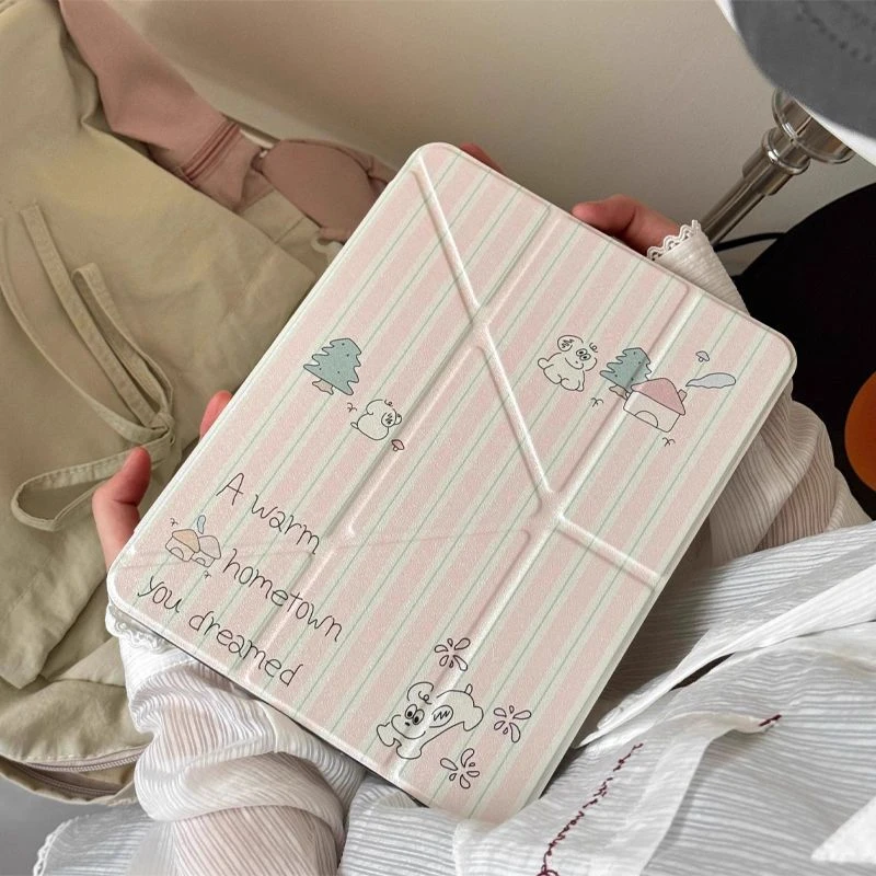 Cute Green Striped Puppy Pink Tablet Case For iPad Pro 11 12.9 13 A16 M2 M4 M3 M5 Shell 5/6/7/8/9/10/11th Mini Air 3 4 5 6 Cover