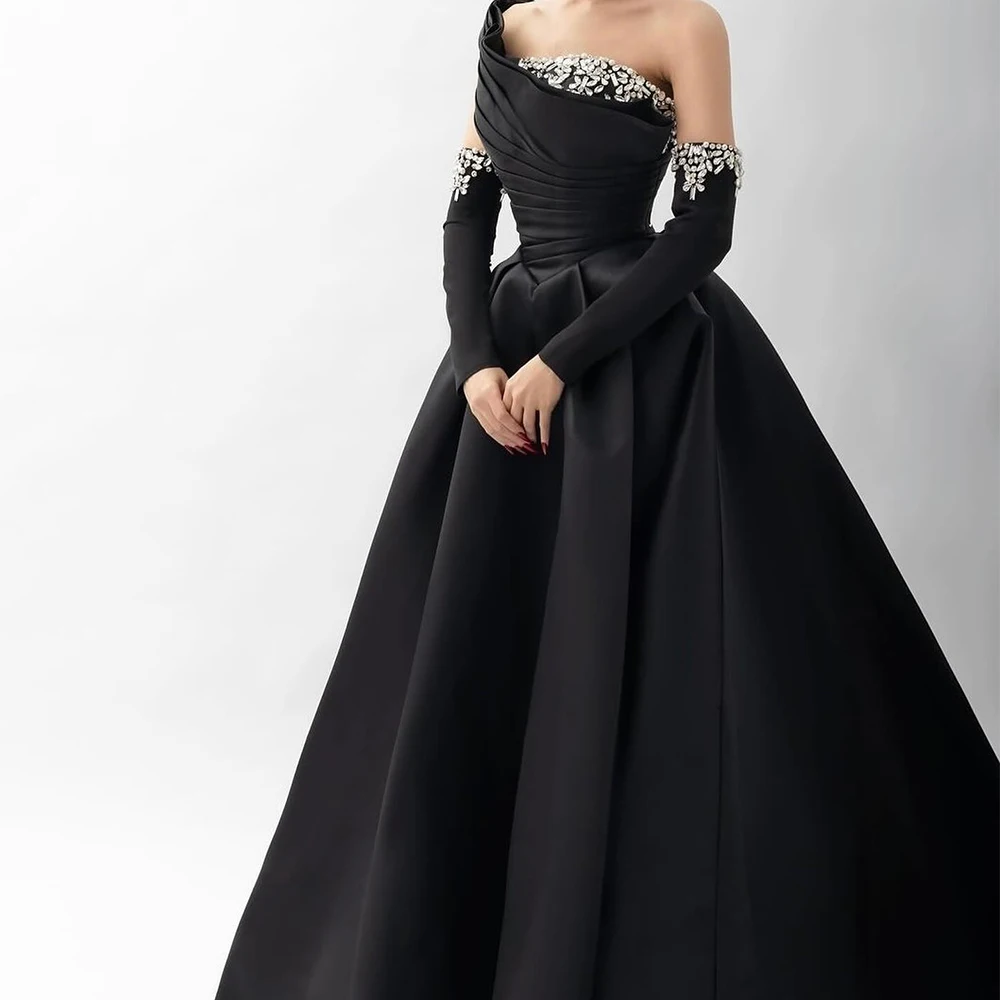 Elegant and Delicate Crystal A-Line Evening Dresses Floor Length Strapless Detachable Sleeve Solid Color Satin Sweep Train Gowns