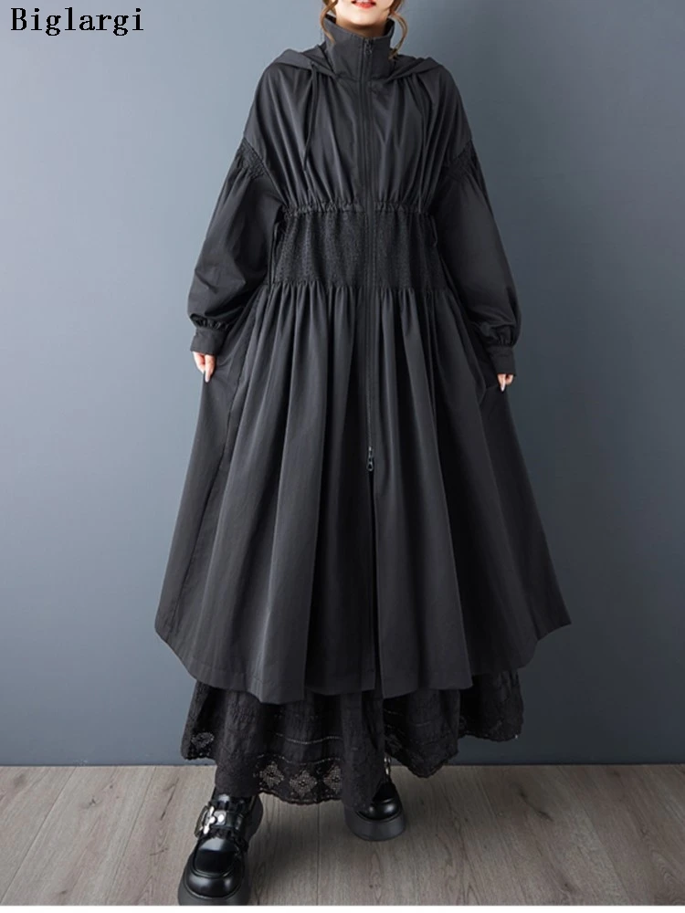 

Осенний плащ большого размера с капюшоном, женские свободные плиссированные женские ветровки с рюшами, модные повседневные женские плащи