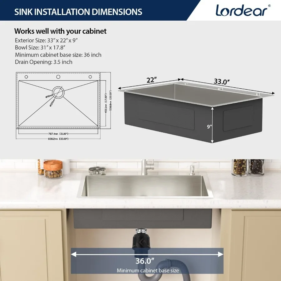 حوض مطبخ مقاس 33 بوصة مع مجموعة صنبور - حوض فردي متين من الفولاذ المقاوم للصدأ مقاس 16 للمطابخ الحديثة يتضمن #2