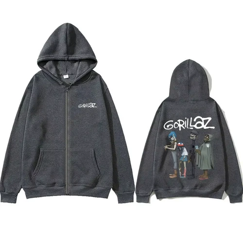 Imagen 2 del producto Sudadera con capucha con cremallera gráfica de la banda de Rock alternativa Gorillaz para hombre y mujer, chaqueta con cremallera a la moda de Hip Hop, sudadera informal de gran tamaño con cremallera