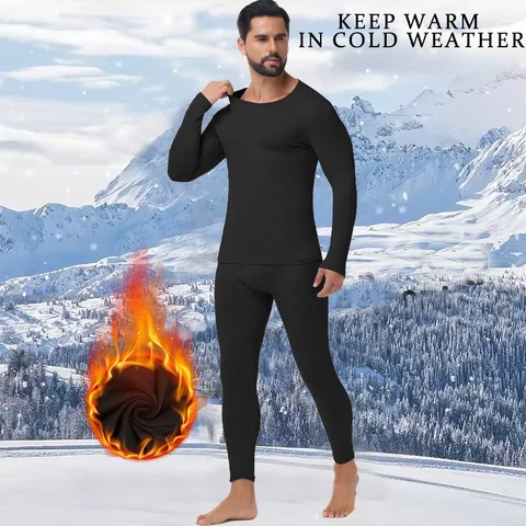 Winter Autumn Men Thermal Underwear Set Warm Long Johns Round Neck Long Sleeve Top Breathable Base Layer Soft Compression Bottom