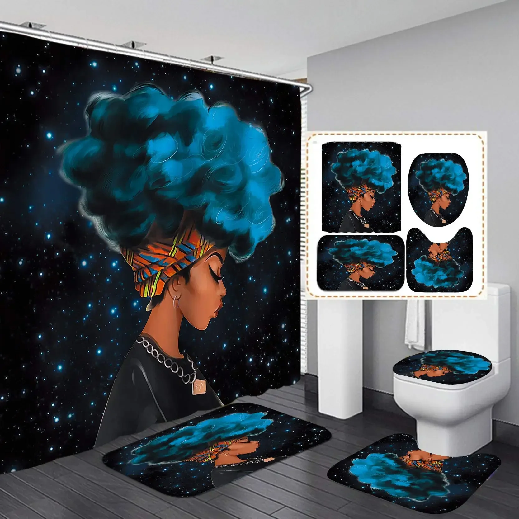 Fashion Elegant Afro Black Girl Shower Curtain Set Fantasy Galaxy Ethnic Sexy African American Woman Bathroom Rug Toilet Carpet