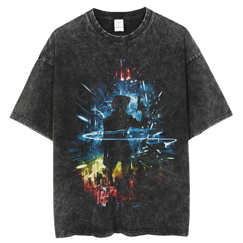 

2025 New Vintage Washed T-Shirt Denim Cowboy Bebop Anime Harajuku Cotton Fashion Streetwear Neutral Top
