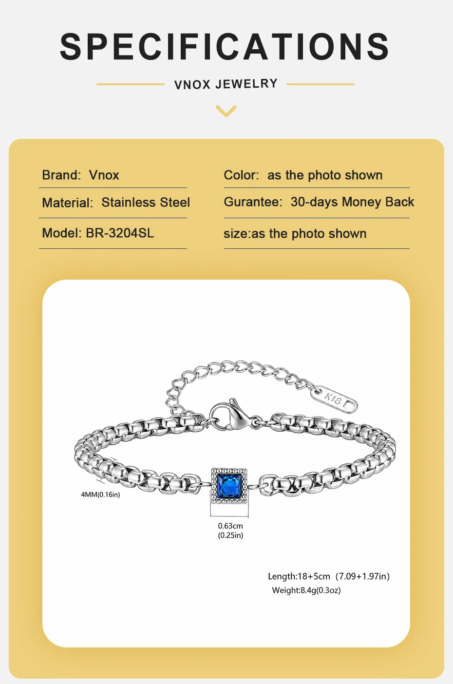 Vnox Herren-Armband mit quadratischer schwarzer blauer Zirkon-Boxkette, verstellbares 18–23 cm langes Gliederarmband aus Edelstahl, Modeschmuck, Geschenk – Detail 4
