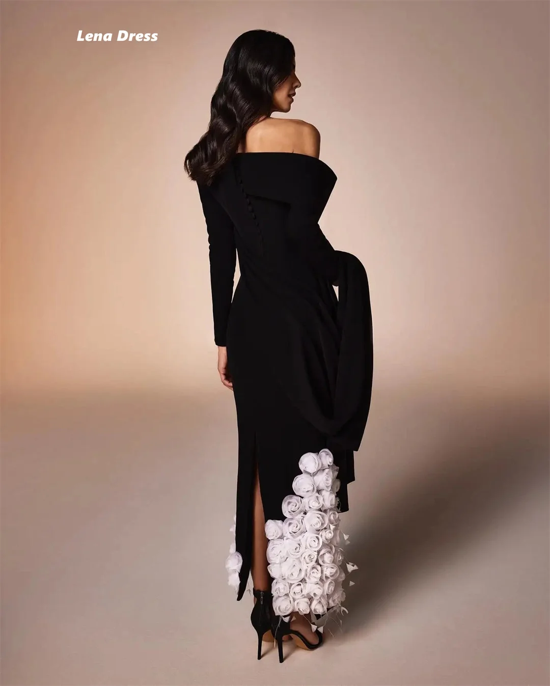 Lena Luxurious Women's Evening Dresses for Special Occasions Custom Made 3D Flowers Fish Tail Black Long Sleeves Dress Prom image 5