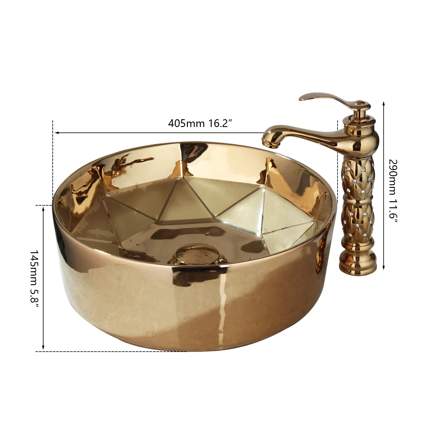 Diamond Setting Lavatory Washbasin Sink Mixer Faucet W/ Pop Drain Bathroom Golden Plated Ceramic Round Combine Faucet Set
