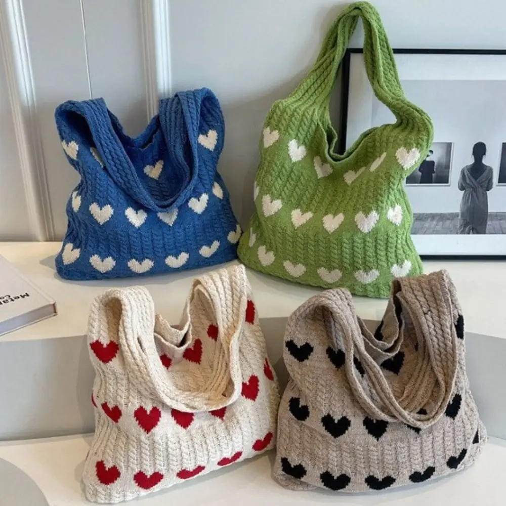 Hollow Out Knit Knitted Tote Bag Heart Pattern Large Capacity Shoulder Bag Soft Slouchy Lightweight Feel Handbag Shopping Outing