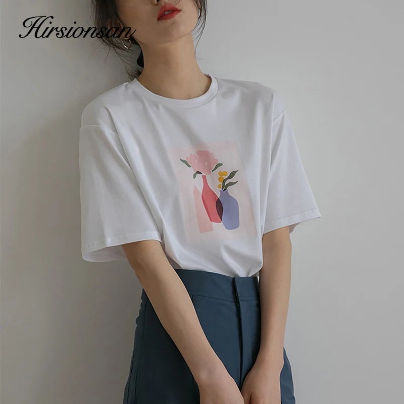 Hirsionsan Aesthetic Printed T Shirt Women 2023 New Soft 1005 Cotton Balck Summer Tops O-neck Cusual Short Sleeve Female Tees