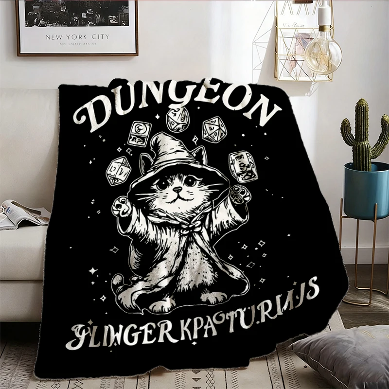 Dungeon Meowster Flannel Blanket, Funny Board Game Cat Flannel Throw, Fantasy Cozy Blanket, Houses and Humans