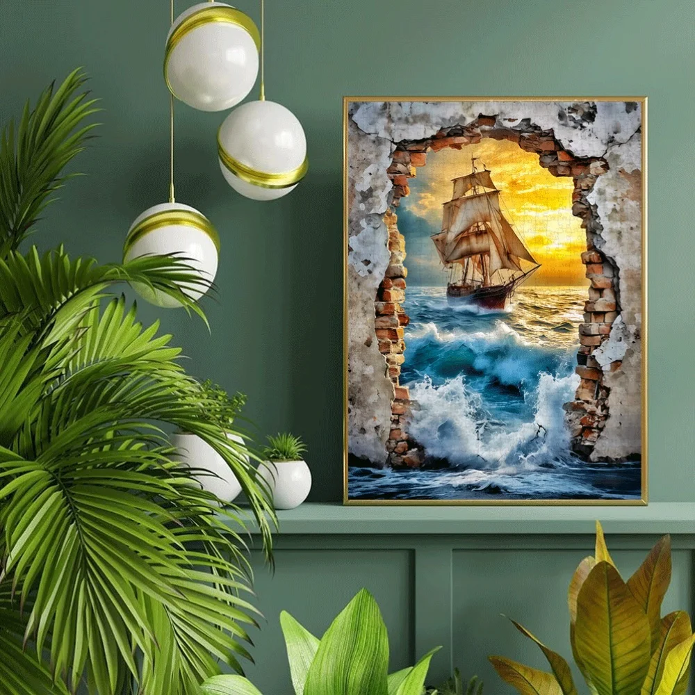 Puzzle dla dorosłych, składające się z 1000 elementów, przedstawiające żaglówkę na burzliwych morzach, uzupełnione zniszczonymi murami z cegły. I