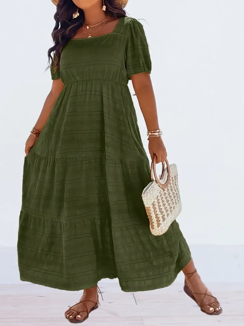 

Plus Size 1XL-5XL Women's Fashionable Square Neck Solid Color Dress Ladies Casual A-line Skirt Short Sleeved Long Dress