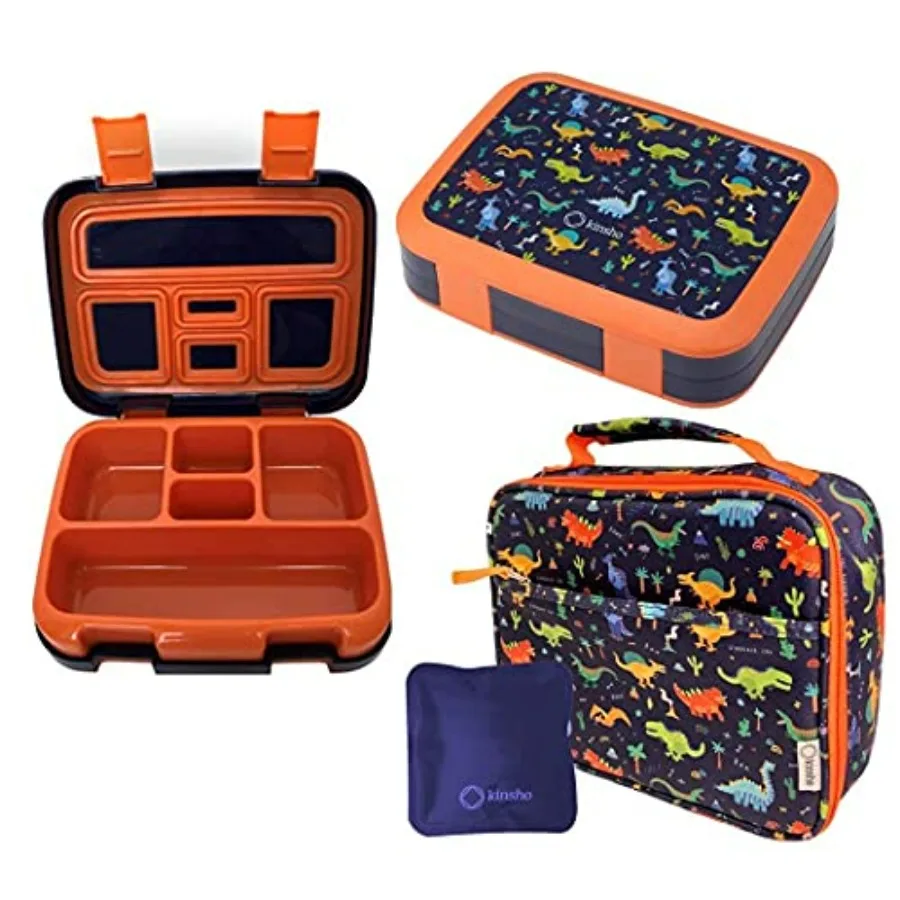

Dinosaur Bento Box, Lunch Bag and Ice Pack Set, Cute Boxes for Boys Toddlers for Pre-School Kindergarten, 5 Portion Removable Tr