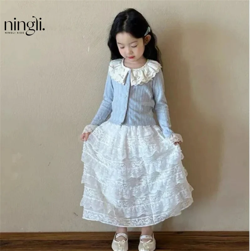 

Girls' Spring Outfit Dress Set2026New stylish children's cardigan jacket and lace long skirt two-piece set