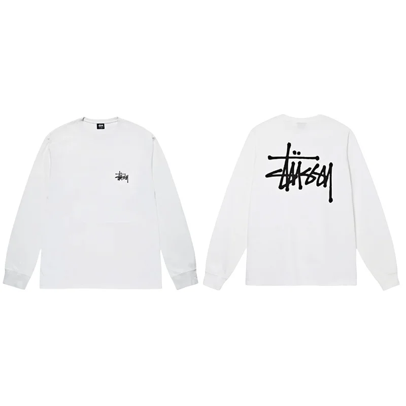 STUSSY 8 النمط الأمريكي الملمس المعدني طباعة جولة الرقبة البلوز الرجال الربيع الطبعة الثقيلة عالية الشارع ملابس خارجية فضفاضة