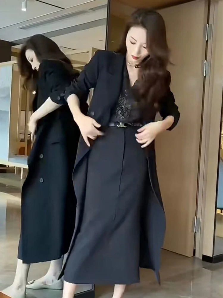 

Beige Trench Coat For Women Waist-Collecting Drawstrings Textured Premium Business Ropa Outer Drapey Sizes Student Relaxed Navy