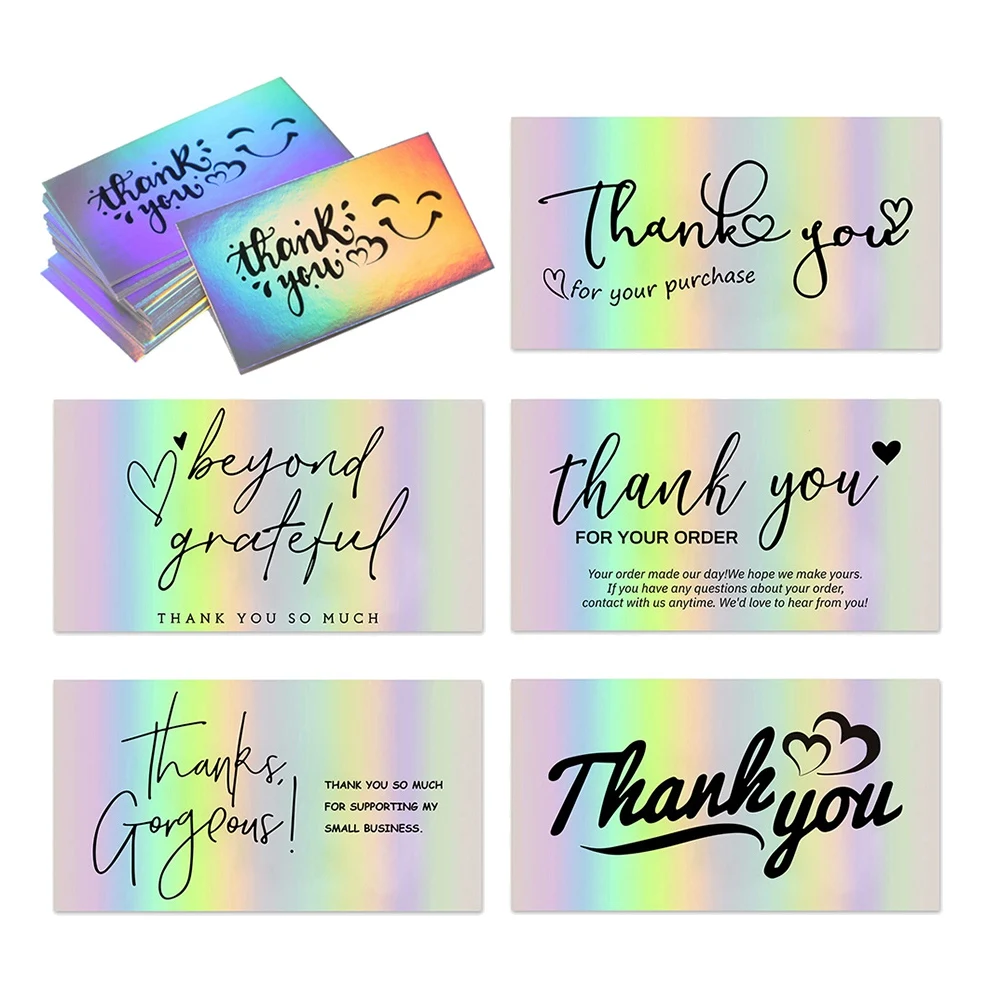 A23F-300Pcs Thank You Cards Small Business,6 Styles Thank You For Supporting Cards Holographic Thanks Greeting Cards