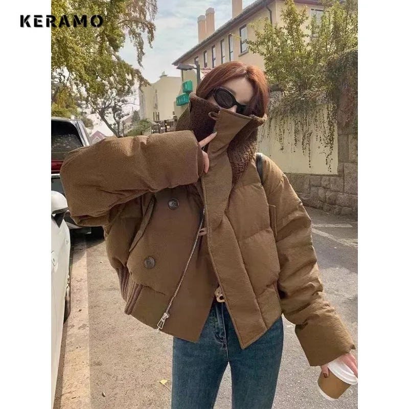 2023 Autumn Winter Y2K Casual Style Single Breasted Parkas Jacket For Women Zipper Sweet Outerwear Fashion Warm Thick Solid Coat