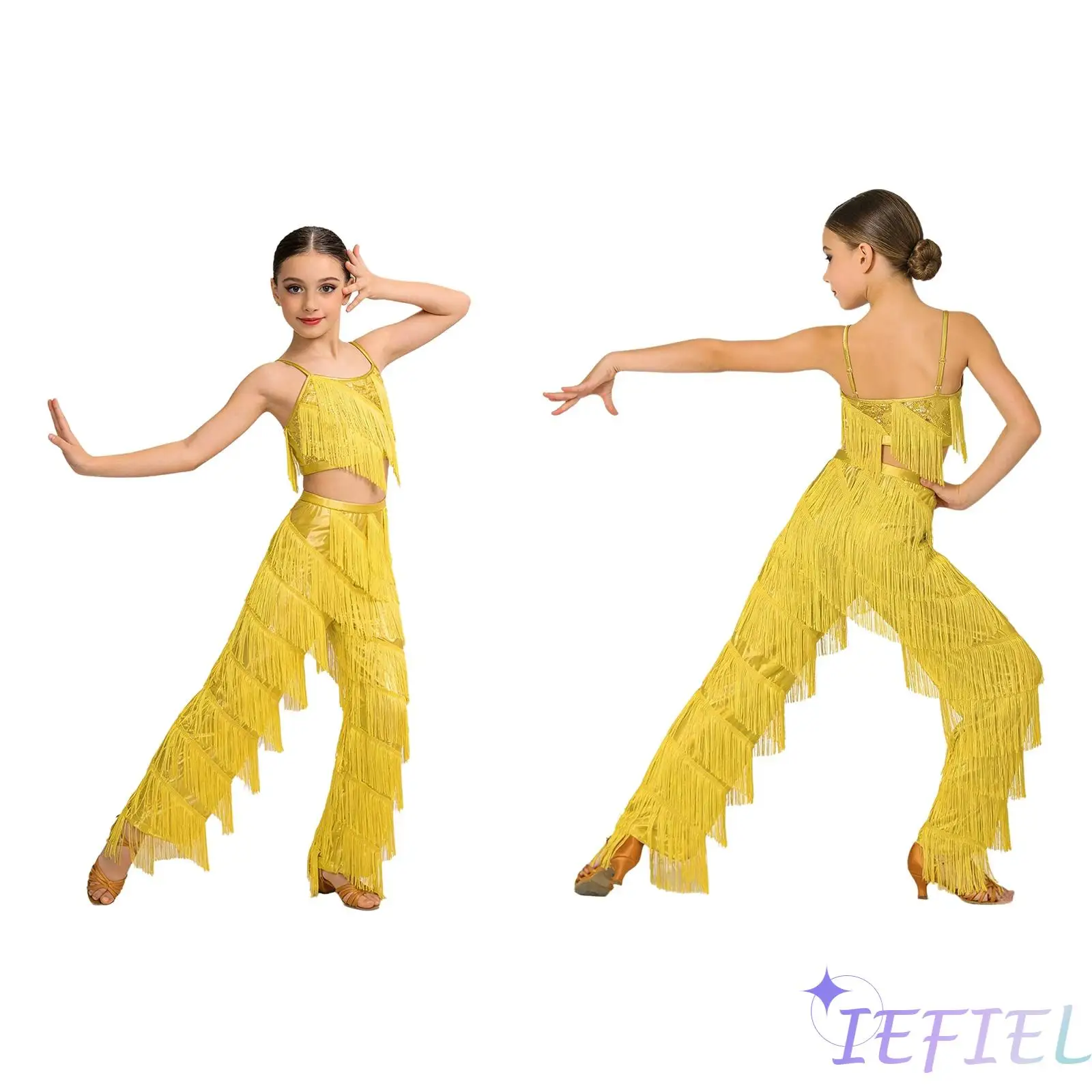 

Girls 2-piece Tassel Latin Dance Outfit Adjustable Spaghetti Straps Camisole with Metallic Pants for Modern Salsa Ballroom Dance