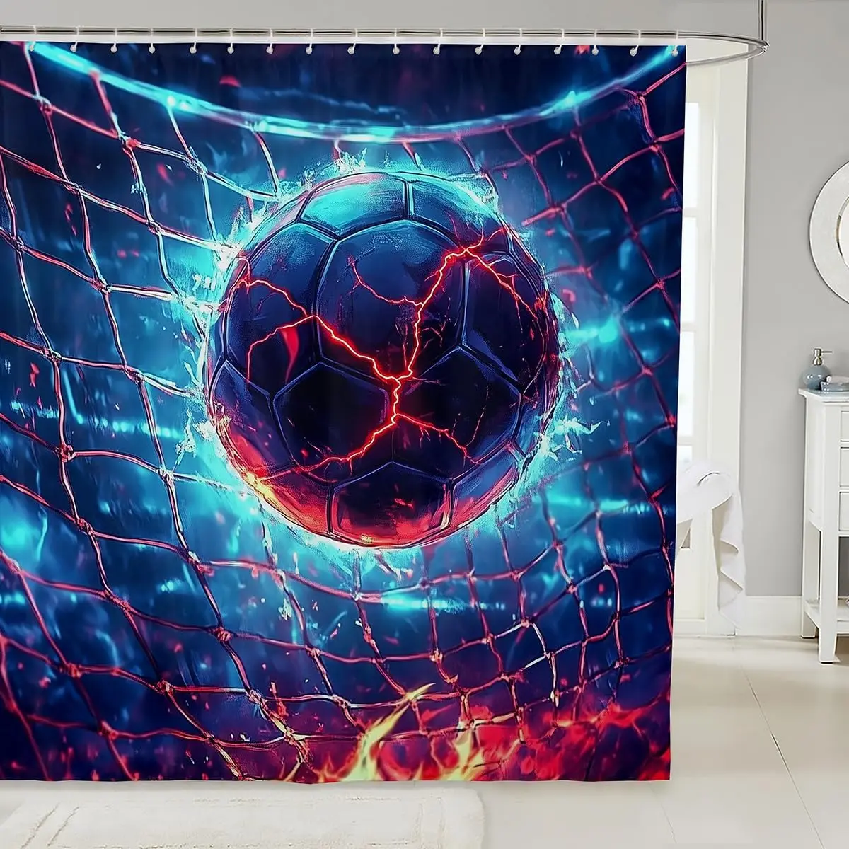 Fire Soccer Sport Shower Curtain, Lightning Blue Fire Print, Waterproof Modern Bathroom Decor with 12 Hooks for Boys Men