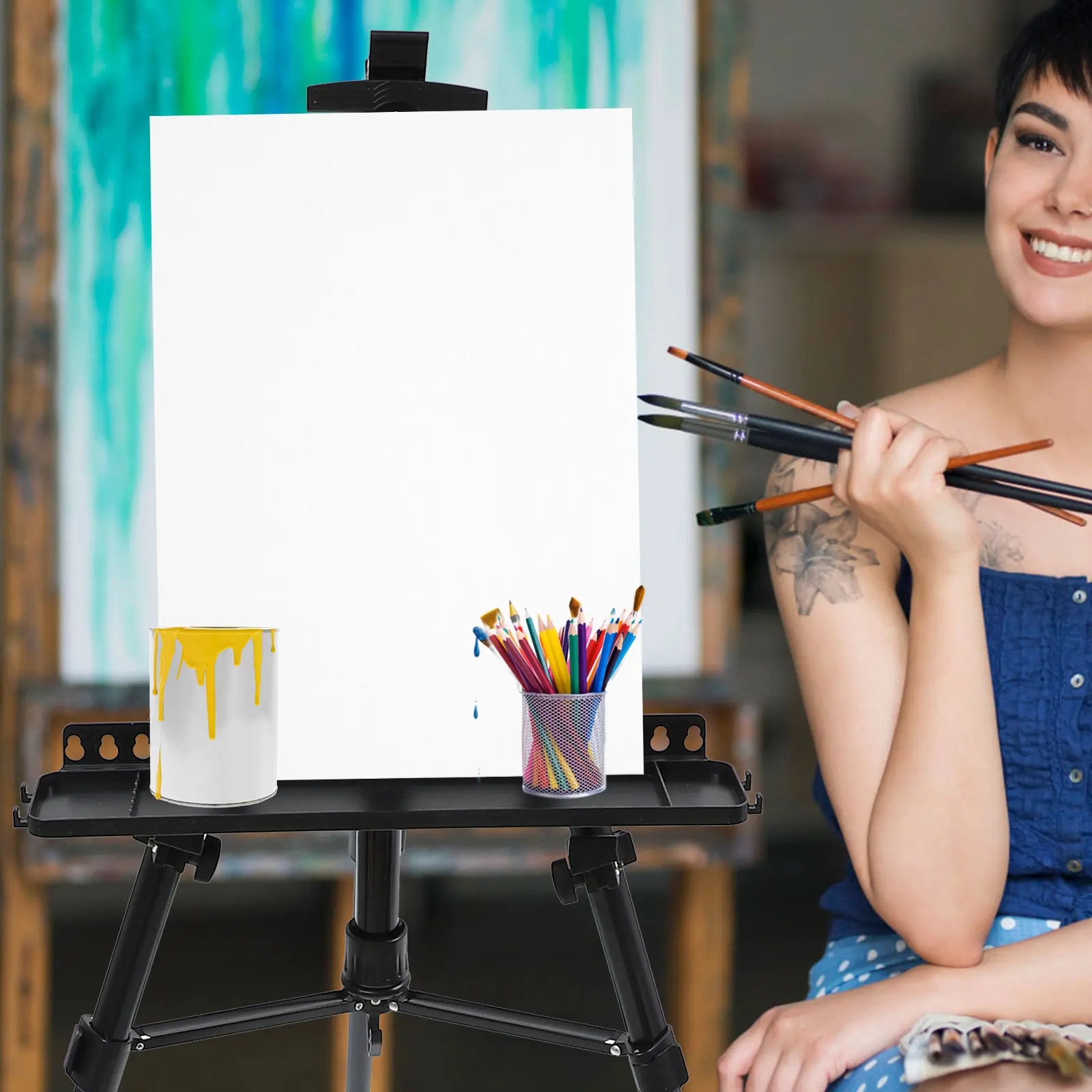 

Foldable Easel Painting Stand Adjustable Height Drawing Rack with Tray Black Child Sturdy Aluminum Polyester Outdoor Display