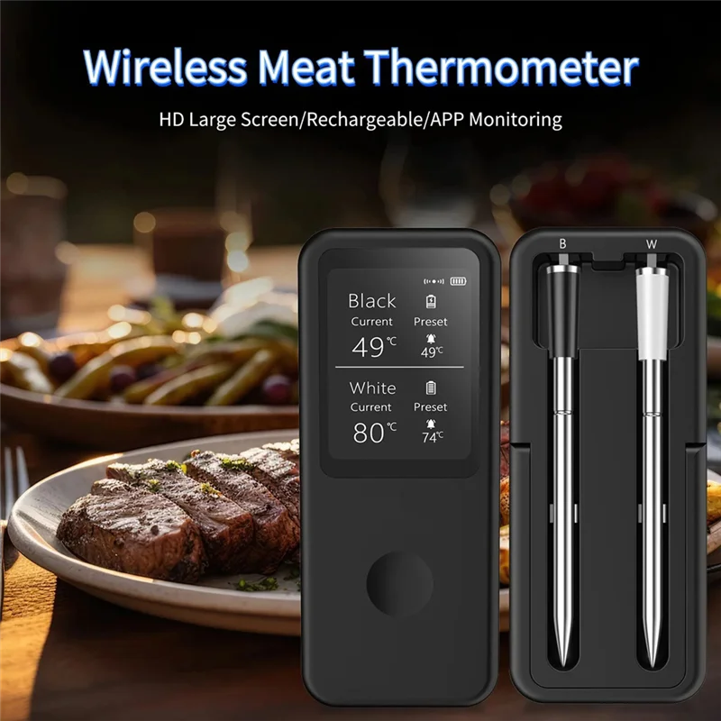 AY03-مقياس حرارة اللحوم اللاسلكي، مجسات بلوتوث رقمية مع شاشة عالية الدقة ومراقبة عن بعد للتطبيق لشواية المشواة