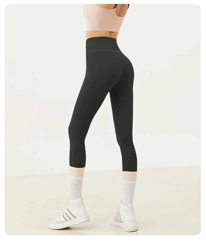 Yoga-Hose für Damen, hohe Taille, pfirsichfarben, hüftformend, schnell trocknend, mit Taschen, ohne Unterwäsche, Fitness-Gym-Hose – Detail 13