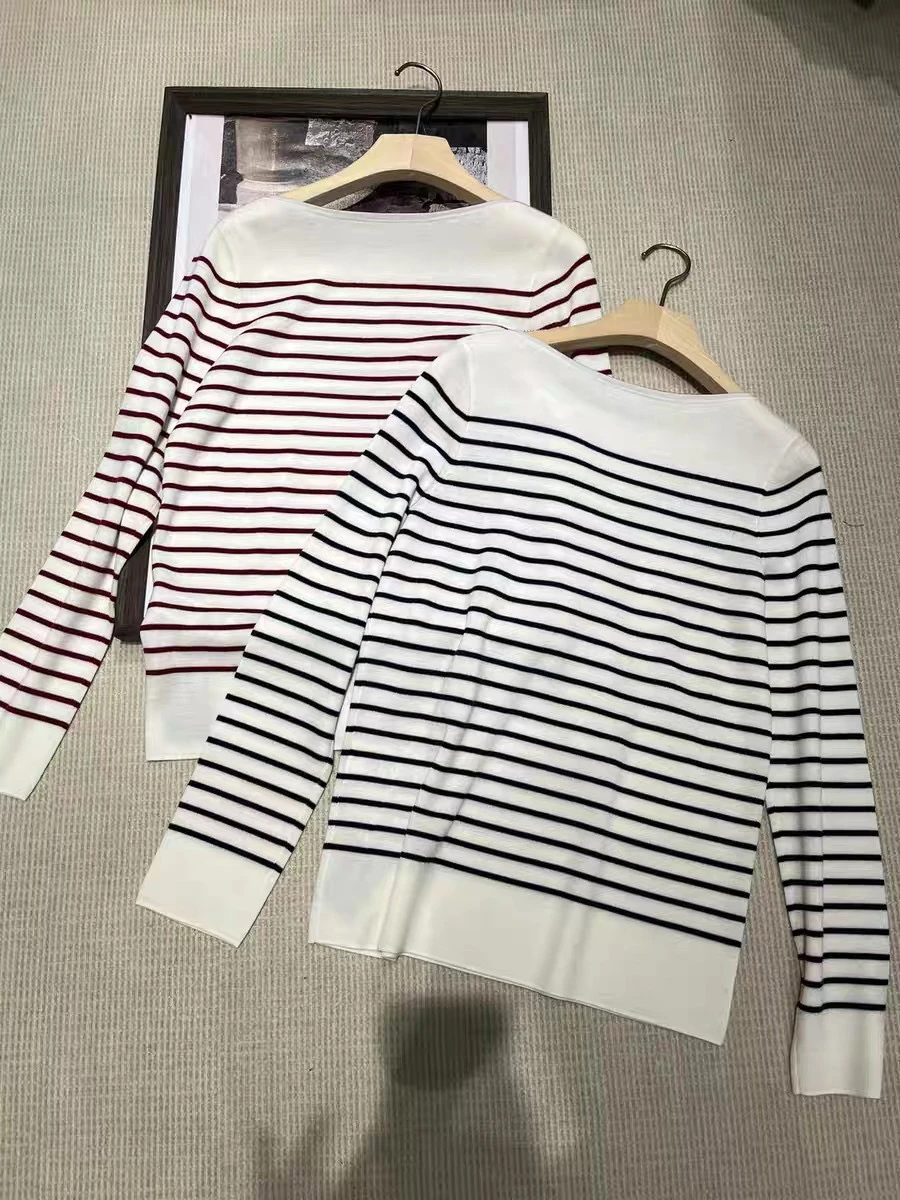 Wool striped o-neck long sleeve knitted top