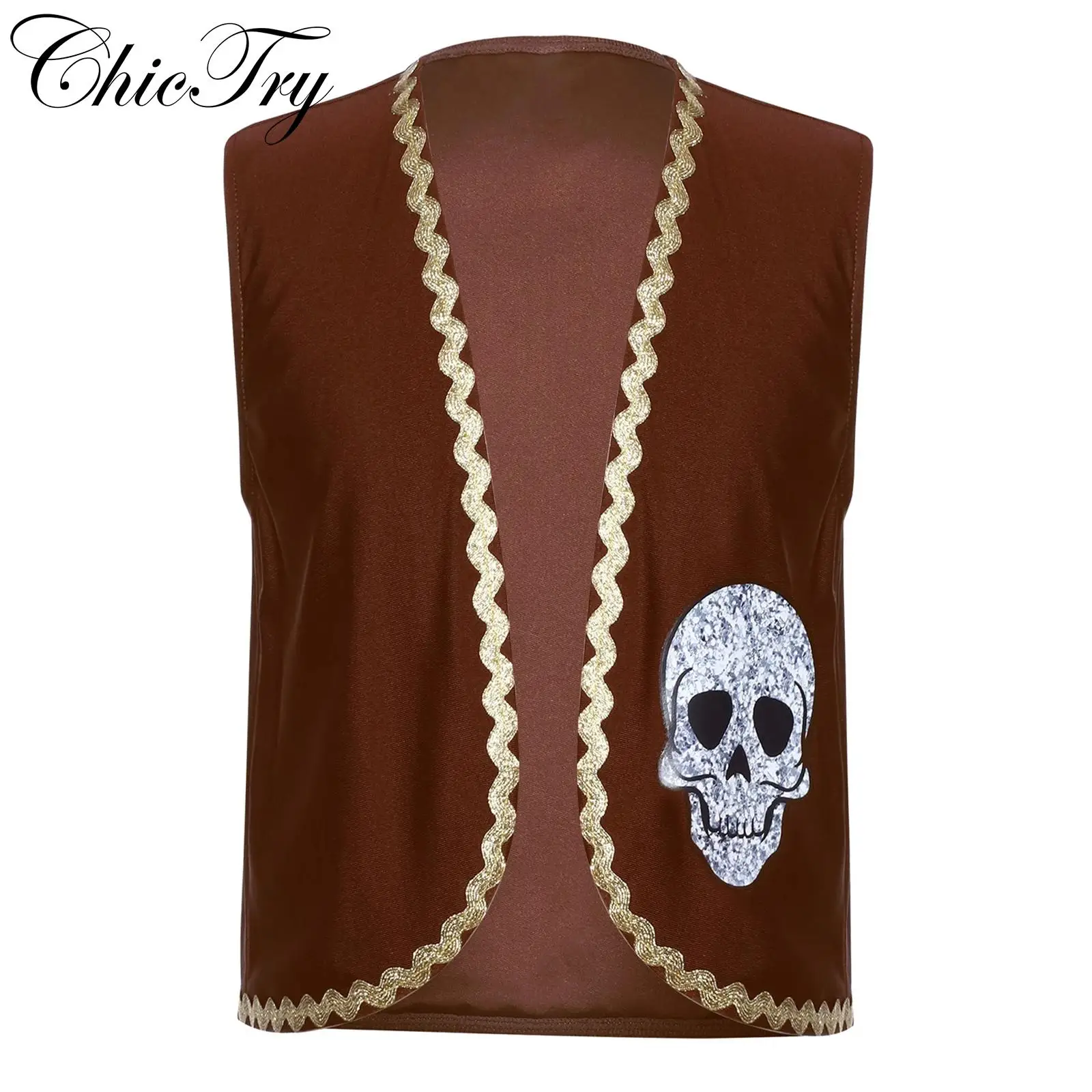 Costume de Pirate pour enfants, garçons et filles, gilet de Cosplay d'halloween, gilet imprimé d'os de crâne ouvert sur le devant pour jeu de rôle de carnaval